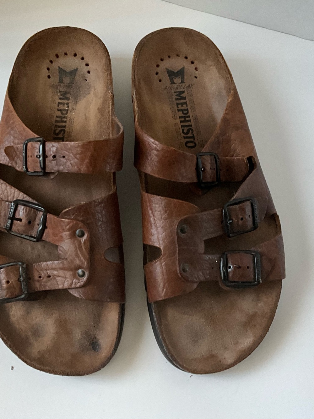 Mephisto Men's Triple-Buckle Brown Leather Slide Sandals